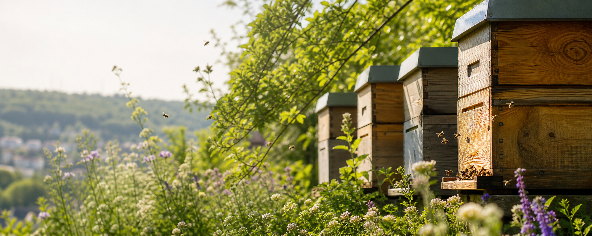 Bienenstoecke in einem bluehenden Garten
